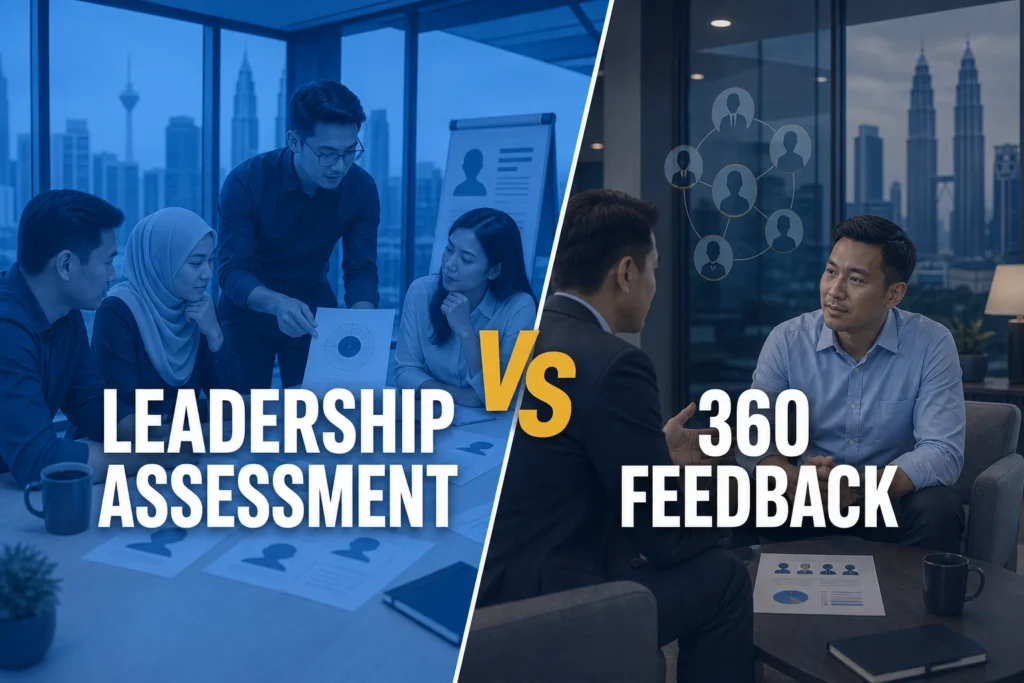 HR team comparing leadership assessments with 360 feedback for manager development