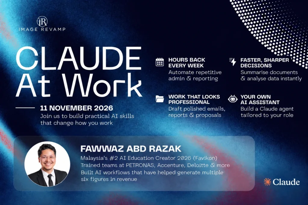 Claude at Work public programme poster featuring trainer Fawwaz Abd Razak; 11 November 2026.