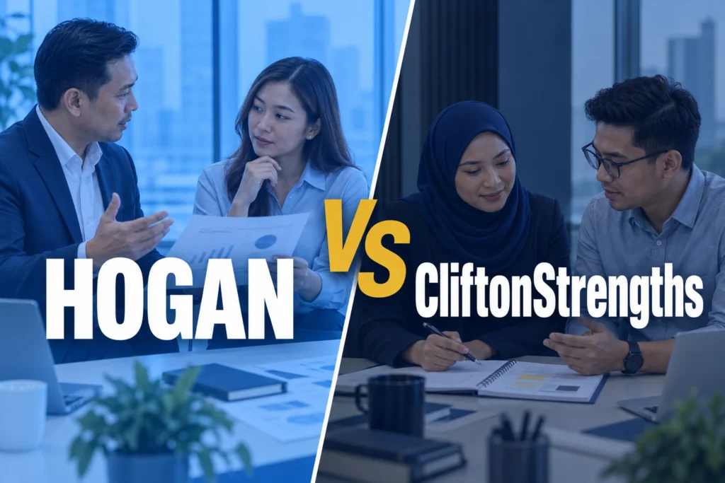 Hogan vs CliftonStrengths comparison with two professional assessment and development discussions, separated by a diagonal divider.