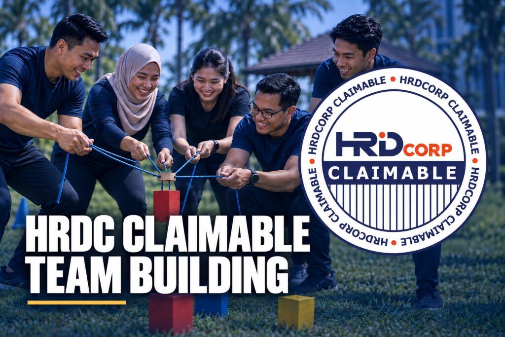 Team members completing a rope challenge beside the HRD Corp Claimable logo and HRDC Claimable Team Building title.